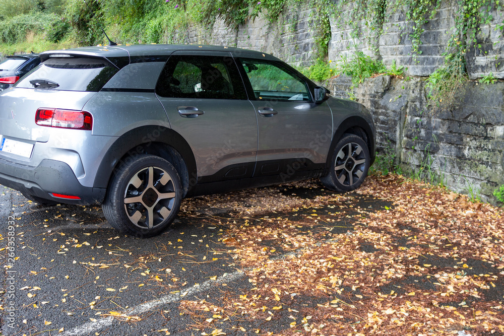 Car parked neat old wall in autumn