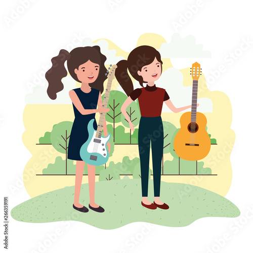 women with musical instruments in landscape