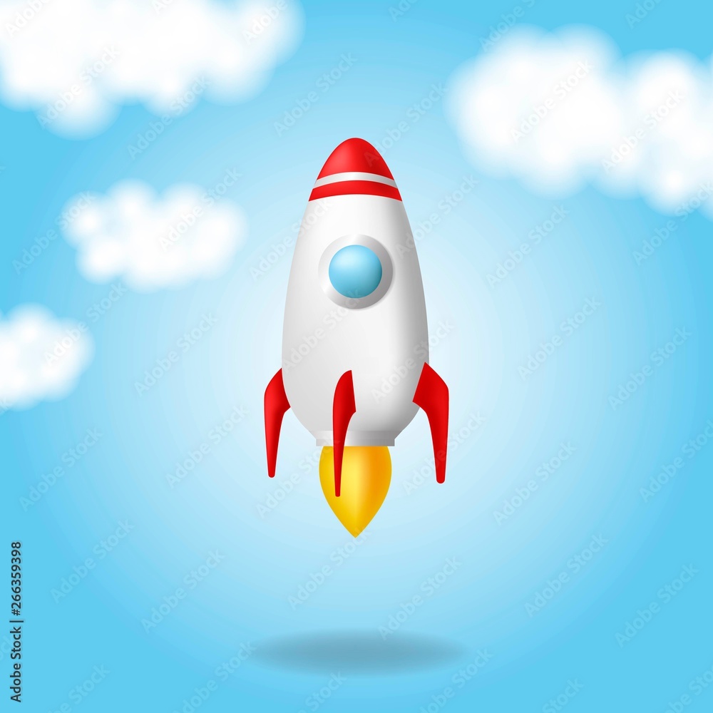Space rocket launch. Start up concept. Realistic vector illustration. Blue background and clouds. From the rocket to the ground falls the shadow.