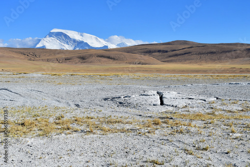 Cracked earth on the plateau of Bark  near the Central point of the Mandala of Kailas in summer. Tibet  China