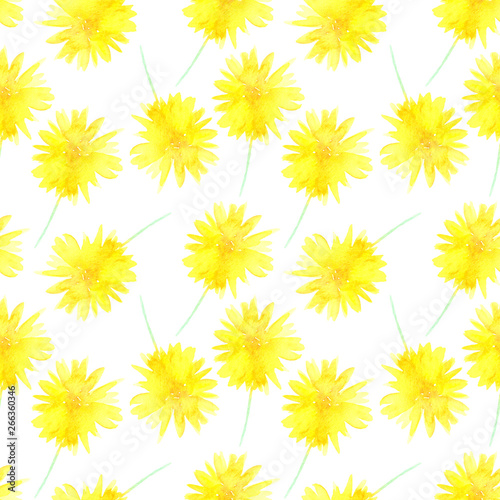 Beautiful seamless pattern with watercolor yellow spring flowers in a white background. Illustration.
