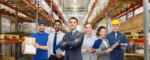 Принти на полотні logistic business, delivery service and people concept - happy international tea