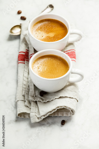 Coffee composition on white marble background  espresso