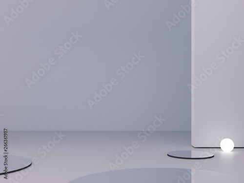 White background to show cosmetic products. Minimal empty scene with mirrows in the floor and spherical lights. Circle in background wall. Empty showcase. Geometrical forms. 3d rendering illustration. photo