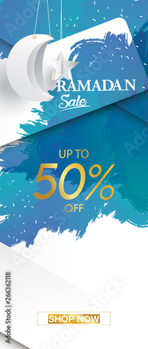 Eid Mubarak or ramadan kareem for roll banner, x banner, or roll up banner sale background and template. Copy space for discount tag or content promo product - Vector