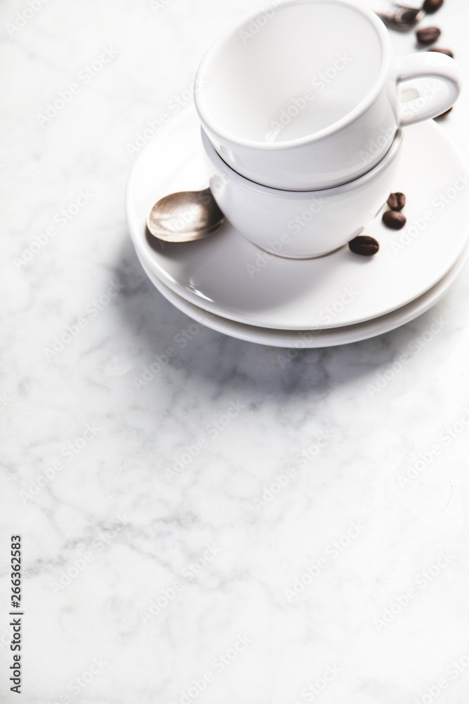 Coffee composition on white marble background, copyspace Coffee composition on white marble background, copyspace