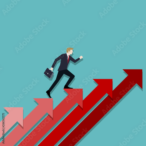 Businessman walking up on red arrow