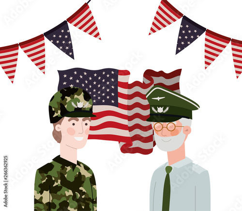 men soldiers of war with flag of united states background