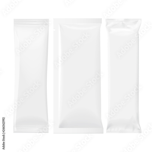 Flexible bag of Foil. Food snack pillow Realistic package. Polyethylene packing of goods. Mock up for brand template. vector illustration.