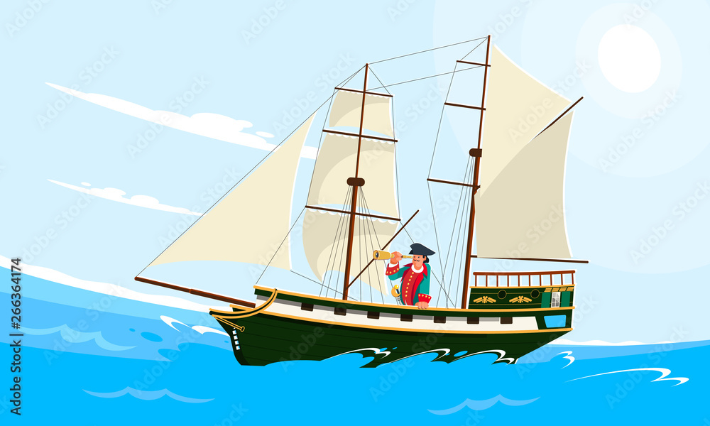 Realistic flat style illustration of an old wooden sailing ship on the water and with the captain on the deck. Ship in the sea or ocean. Brig with white sails went on a long voyage.