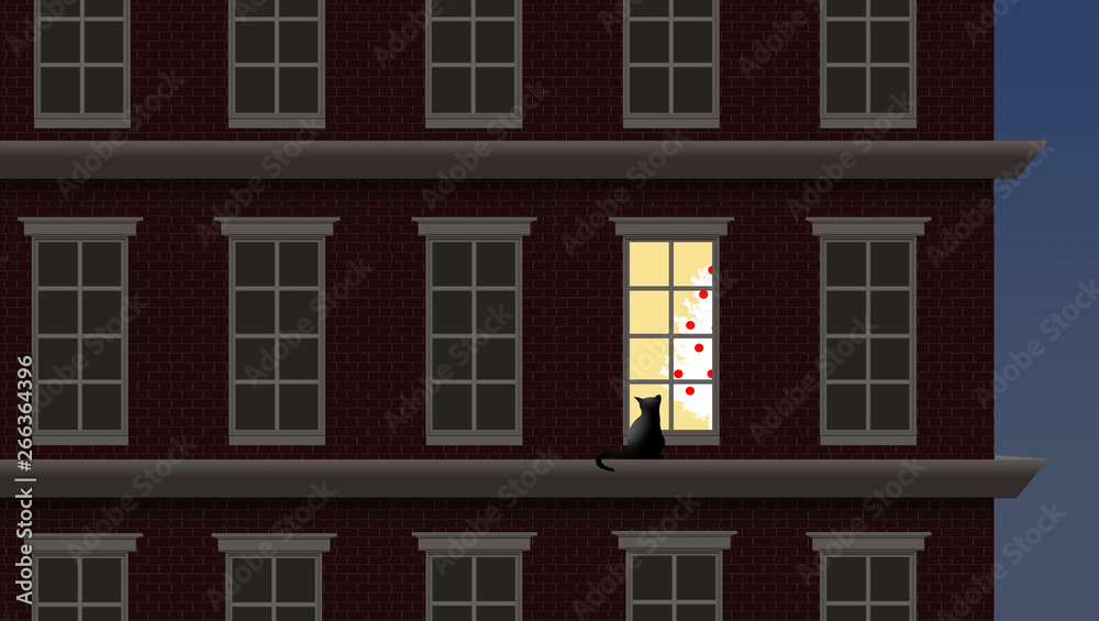 A cat in the cold looks into a warm apartment decorated with a Christmas tree.