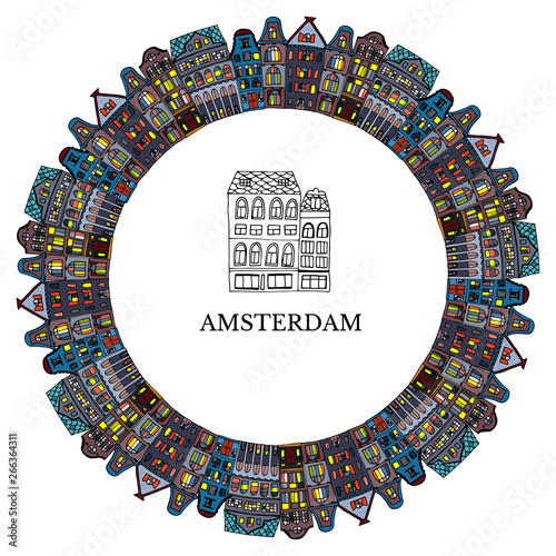 Set Amsterdam old houses cartoon facades. Traditional architecture of Netherlands. Colorful vector illustrations in the Dutch style.