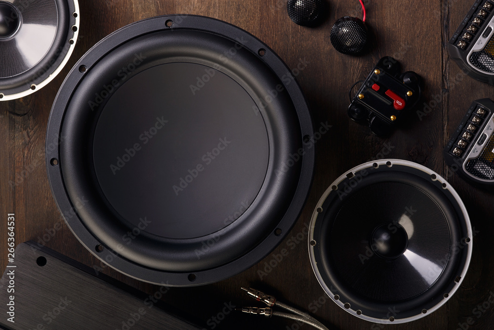 car audio, car speakers, subwoofer and accessories for tuning. foto de  Stock | Adobe Stock