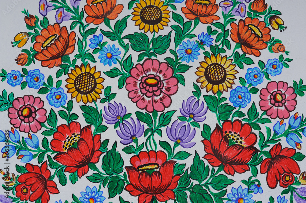 Colorful flower decorative paintings in Zalipie Village in Poland - obrazy, fototapety, plakaty 