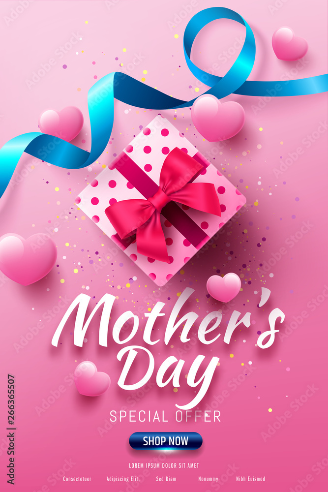 Happy Mother's Day Sale Poster or banner with gift box and sweet heart.Happy Mother's Day.Trendy Design Template for Mother's Day and love concept.Vector illustration EPS10