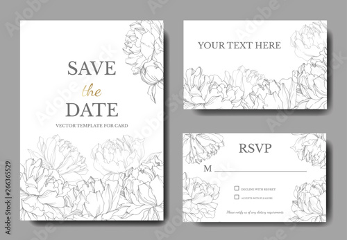 Vector Peony botanical flower. Black and white engraved ink art. Wedding background card floral decorative border.