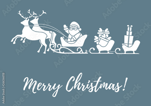 Santa Claus with Christmas presents in sleighs with reindeers. New Year and Christmas illustration.