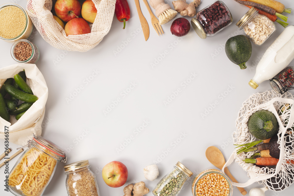 Fototapeta Zero waste concept. Eco-friendly shopping, flat lay