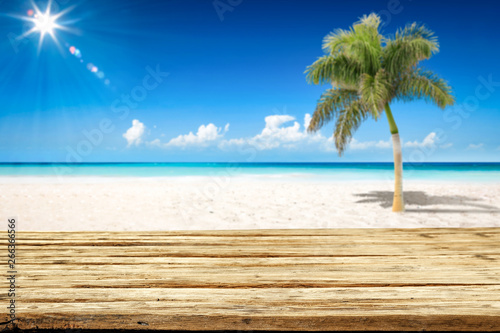 Desk of free space and summer background of ocean and beach with palm. Sunny day and blue sky. 