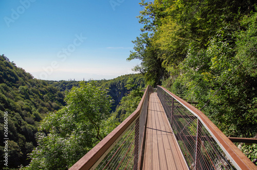 Metal footbridge over an abyss. Okatse Canyon Natural Monument. Georgia, Imereti region, near Kutaisi