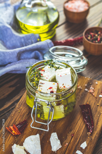 Feta cheese marinated in olive oil with spices