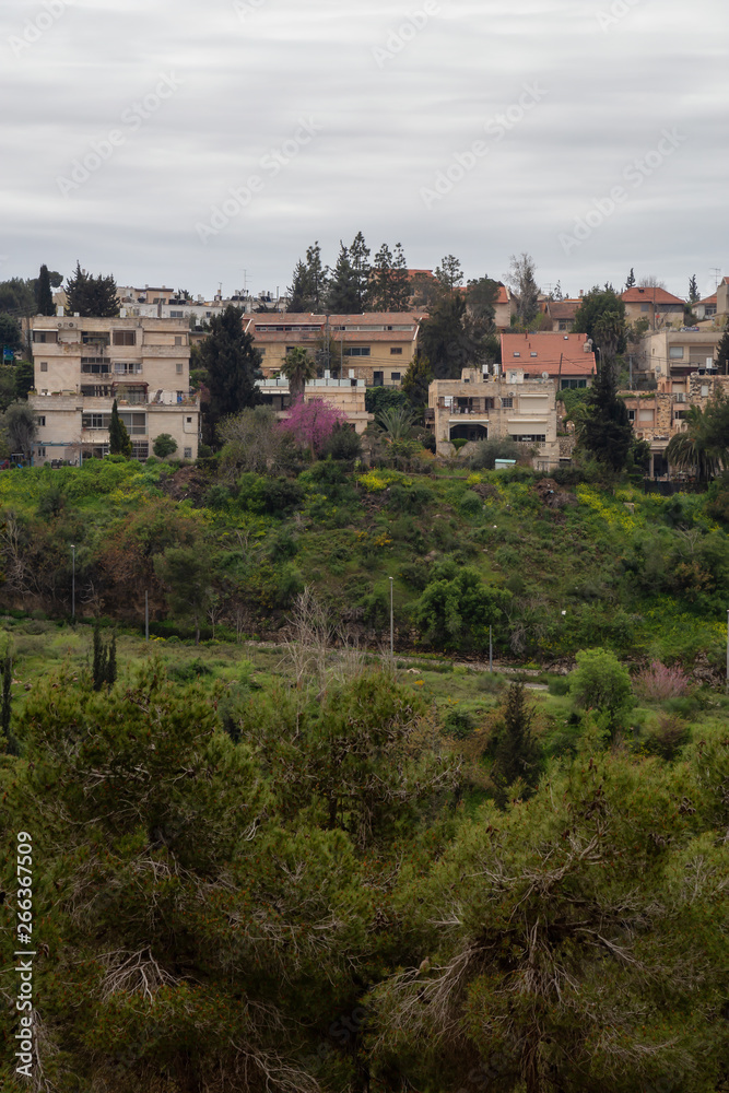 Beautiful view of residential homes on top of a hill in a city during a cloudy day. Taken in Jerusalem, Israel.