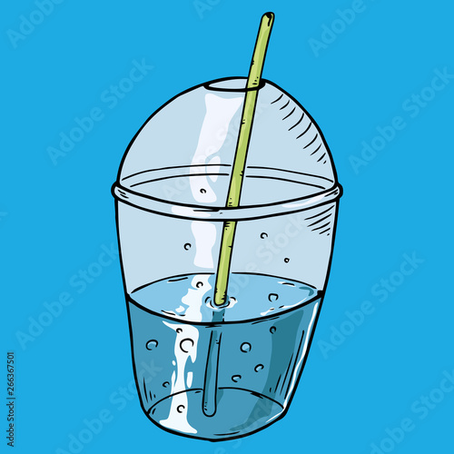 Mineral water in a plastic cup with a straw. Vector illustration of a drink in a plastic cup. Hand drawn plastic cup with a straw.