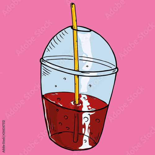 Vector illustration of a drink in a plastic cup. Hand drawn plastic cup with a straw. Mineral water in a plastic cup with a straw.