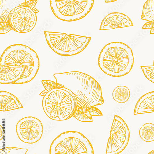Hand Drawn Lemon, Orange or Tangerine Harvest Vector Seamless Background Pattern. Citrus and Leaves Sketches Card or Cover Template