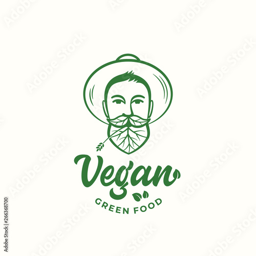 Vegan Green Food Abstract Vector Sign, Symbol or Logo Template. Young Man in Gardener Hat. Face with Leaves Incorporated in Beard and Moustache. Vegetarian Emblem Hipster Concept.