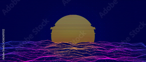 Abstract dark purple polygonal terrain relief with sun illustration in stereo effect. Low poly connecting dots and lines in triangle structure. Vapor wave retro futuristic background. photo