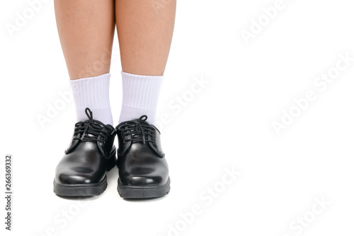 boy school student wear a black leather shoes