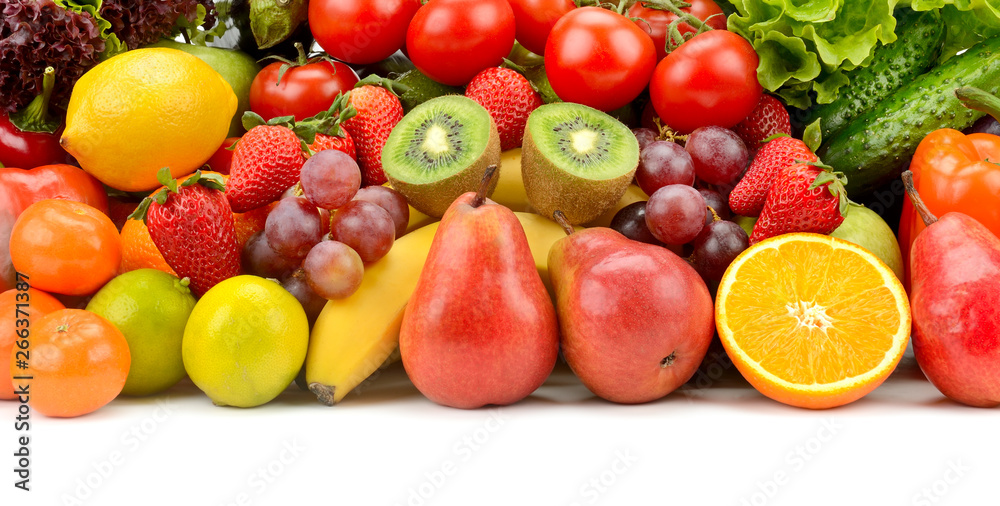 Variety healthy fruits, vegetables, berries isolated on white Variety healthy fruits, vegetables, berries isolated on white