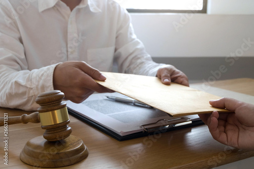 Lawyer send a contract documents to client in office. consultant lawyer, attorney, court judge, concept.