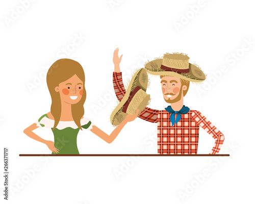 farmers couple talking with straw hat