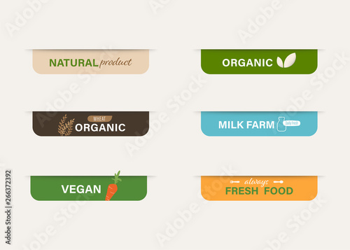 Natural label and organic tag fresh food  label. Ribbon and badge design.