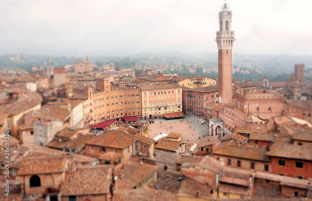 Fototapeta premium Focus on center of square with historical buildings of city Siena, Tuscany. Tile roofs and 14th century tower Torre del Mangia, Italy