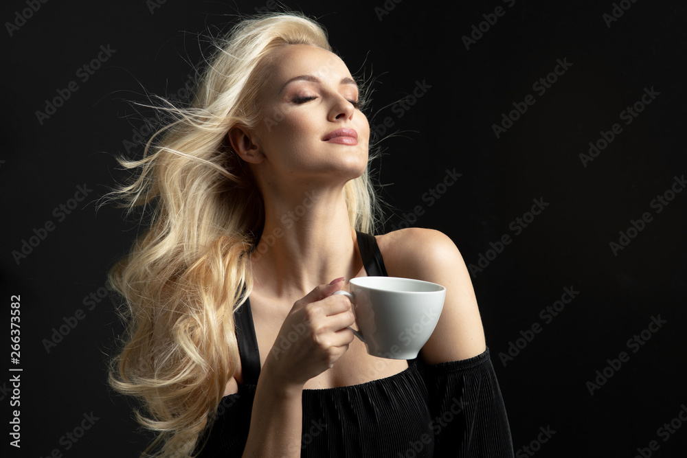 Beauty blonde woman coffee cup hold. Beauty blonde woman coffee cup hold.