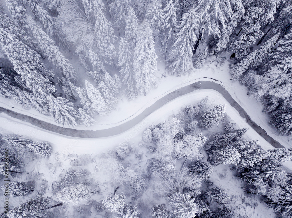 Straight down view of stream meandering through frozen, snow covered forest.