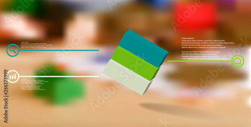 3D illustration infographic template with embossed cube askew arranged divided to three parts