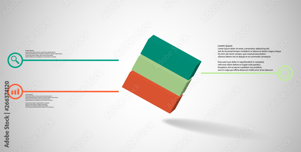 3D illustration infographic template with embossed cube askew arranged divided to three parts