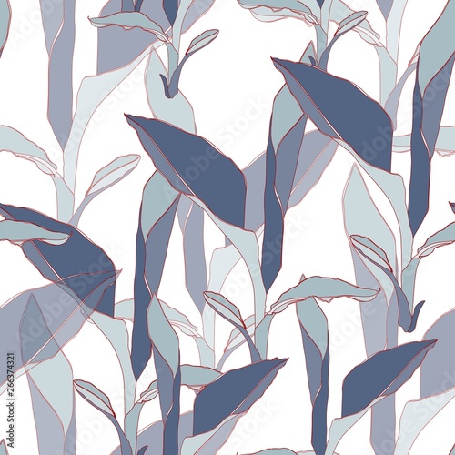 Seamless floral pattern of blue exotic plant with red contour on the white background. Fabric texture. Wallpaper. 