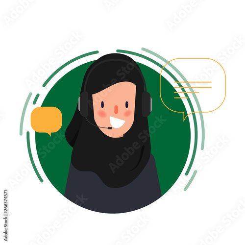 Call center job. Muslim or Arab people character.  Animation scene for motion graphic. photo