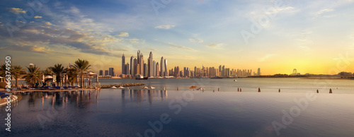 Panorama of Dubai Marina Skyline at sunset United Arab Emirates