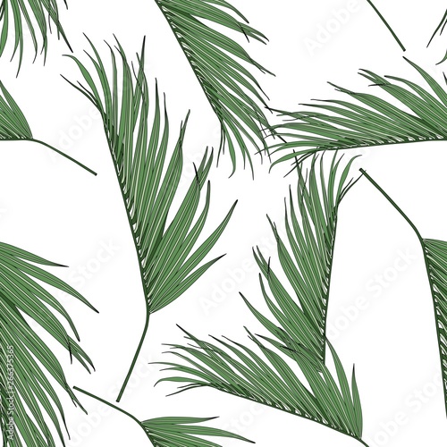 Green coconut palm leaves by hand drawing and sketch with line-art seamless pattern on white  backgrounds.