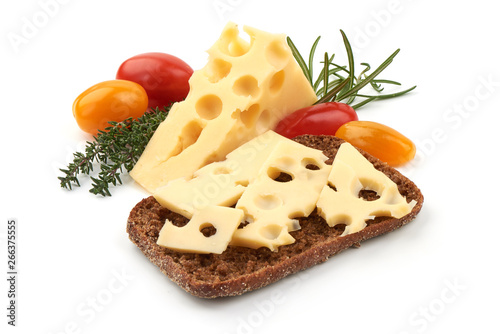 Cheese triangle with sandwich, close-up, isolated on white background