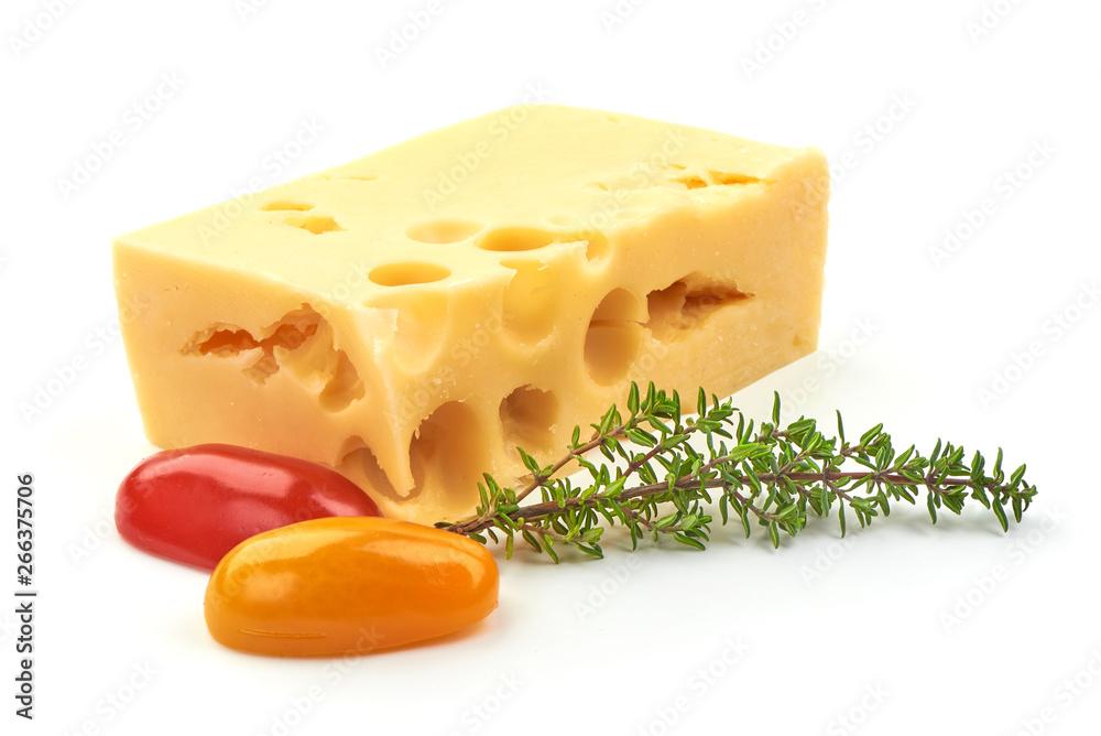 Cheddar cheese with tomatoes and thyme, close-up, isolated on white background