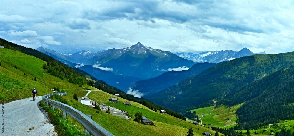 Austrian Alps-view of the cyclists on the mountain Zillertaler road
