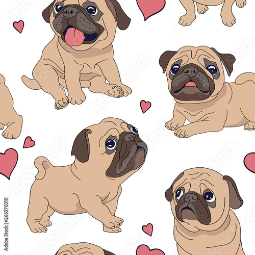 Seamless pattern with image of a Funny cartoon pugs puppies in a pink Ballerina tutu and with a bow. Vector illustration.