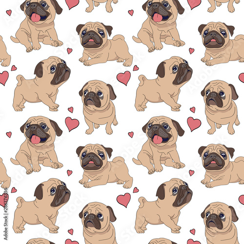 Seamless pattern with image of a Funny cartoon pugs puppies. Vector illustration.